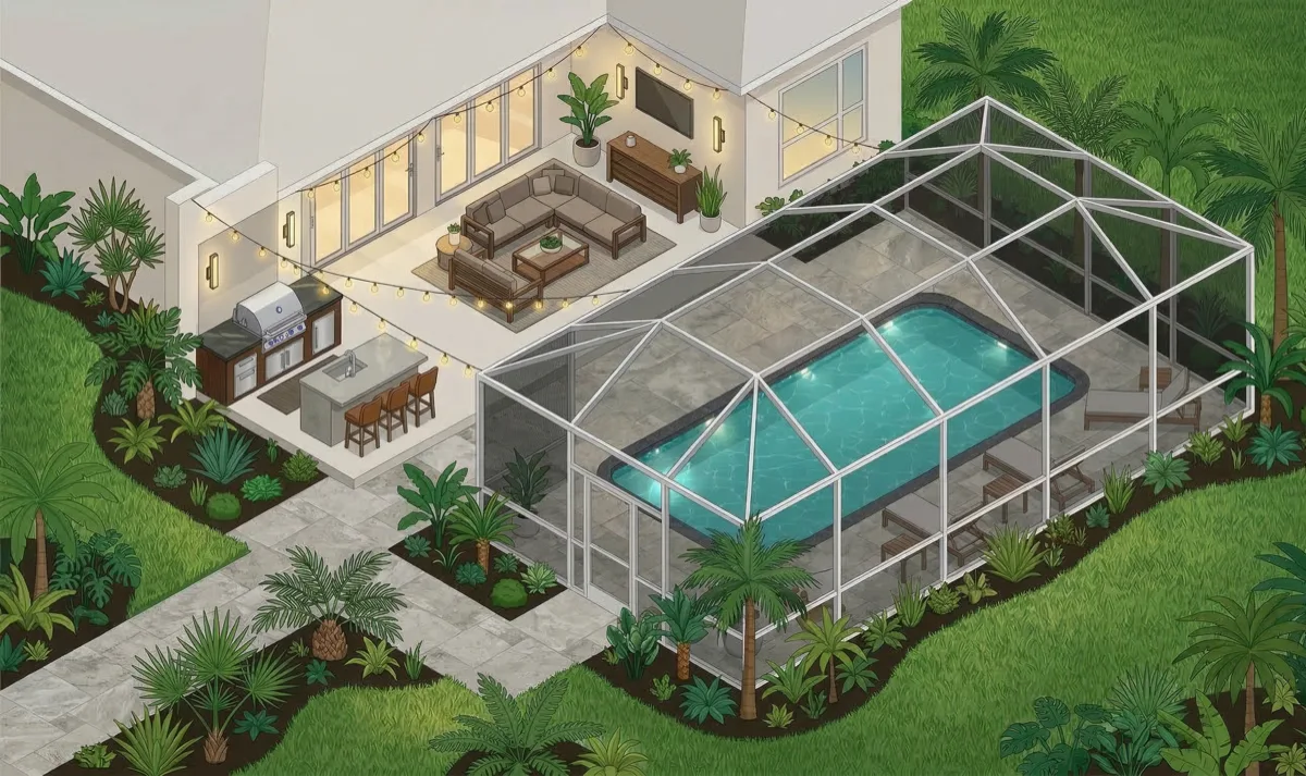 Florida backyard with screened pool enclosure, outdoor kitchen, lanai, and tropical landscaping — isometric view